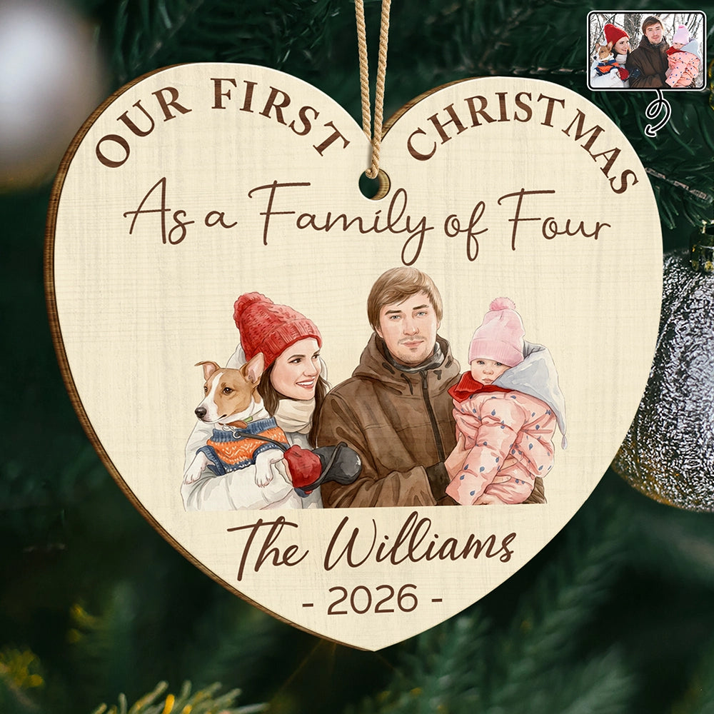 First Christmas,Parents,Art Design,Christmas,Photo - Watercolor - Remove BG,Happy - Custom Photo Realistic Watercolor Art First Christmas As A Family Of Four - Personalized Custom Shaped Wooden Ornament