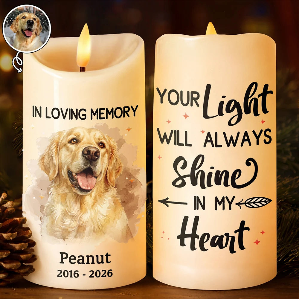 Custom Photo Realistic Watercolor Art Memorial Pet Loss Your Light Will Always Shine In My Heart - Personalized Flameless LED Candle