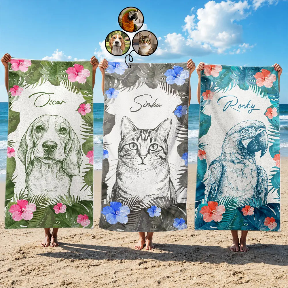 Pet Lovers,Pet Mom,Pet Dad,Dog Lovers,Dog Mom,Dog Dad,Cat Lovers,Cat Mom,Cat Dad,Beach,Summer,Non-Eng,Photo - Pencil Sketch,Playful - Custom Photo Pencil Sketch With Tropical Leaves For Pet Lovers - Personalized Beach Towel