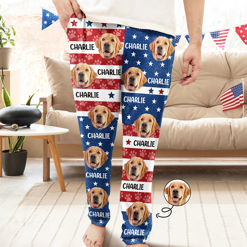 Custom Photo Funny Pet Face Pattern Dog Cat US Flag - Personalized Pajama Pants