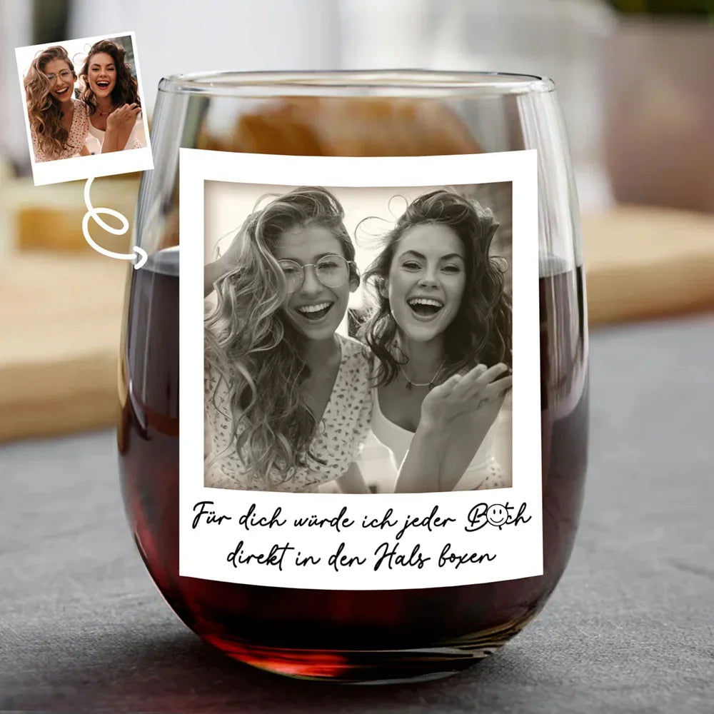 Eigenes Foto Besties Grayscale Direkt In Den Hals Boxen - Personalisierte Weingläser Ohne Stiel