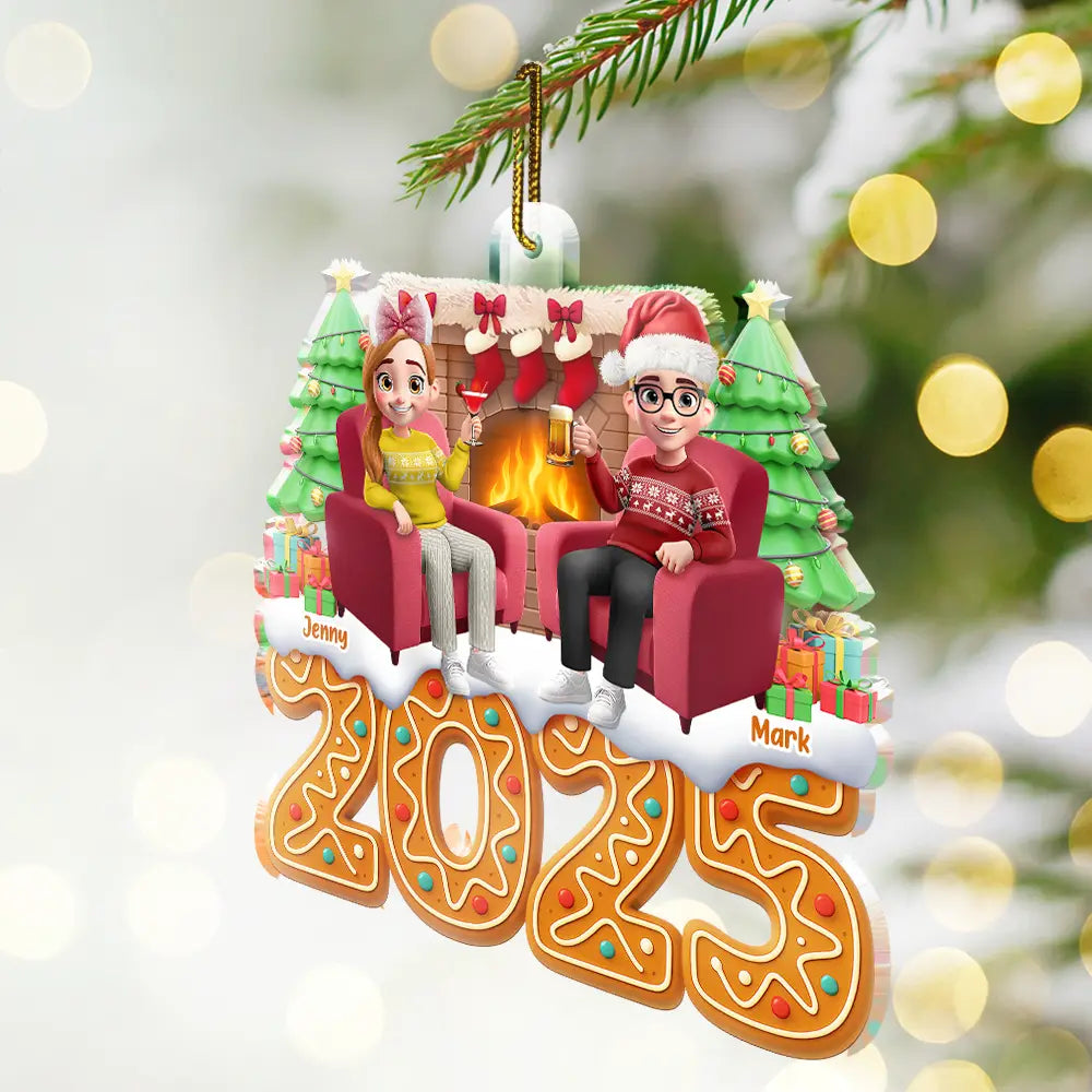 Gift For Couples,Happy,Christmas - Christmas Fireplace Gingerbread 3D Effect Couple - Personalized Custom Shaped Acrylic Ornament