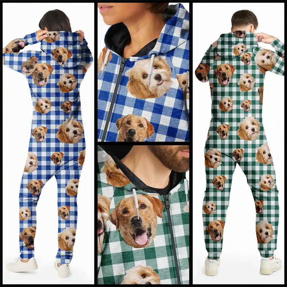 Pet Lovers,Family,Custom Photo,Happy - Custom Photo Funny Dog Cat Pet Human Face - Personalized Overall Onesie Hooded Jumpsuit