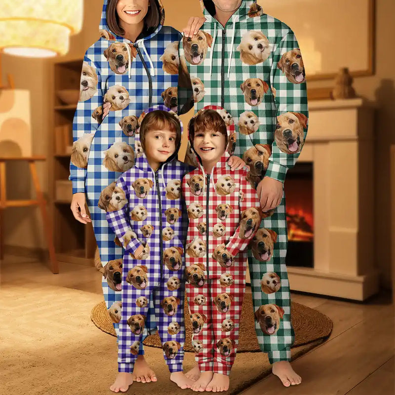 Pet Lovers,Family,Custom Photo,Happy - Custom Photo Funny Dog Cat Pet Human Face - Personalized Overall Onesie Hooded Jumpsuit