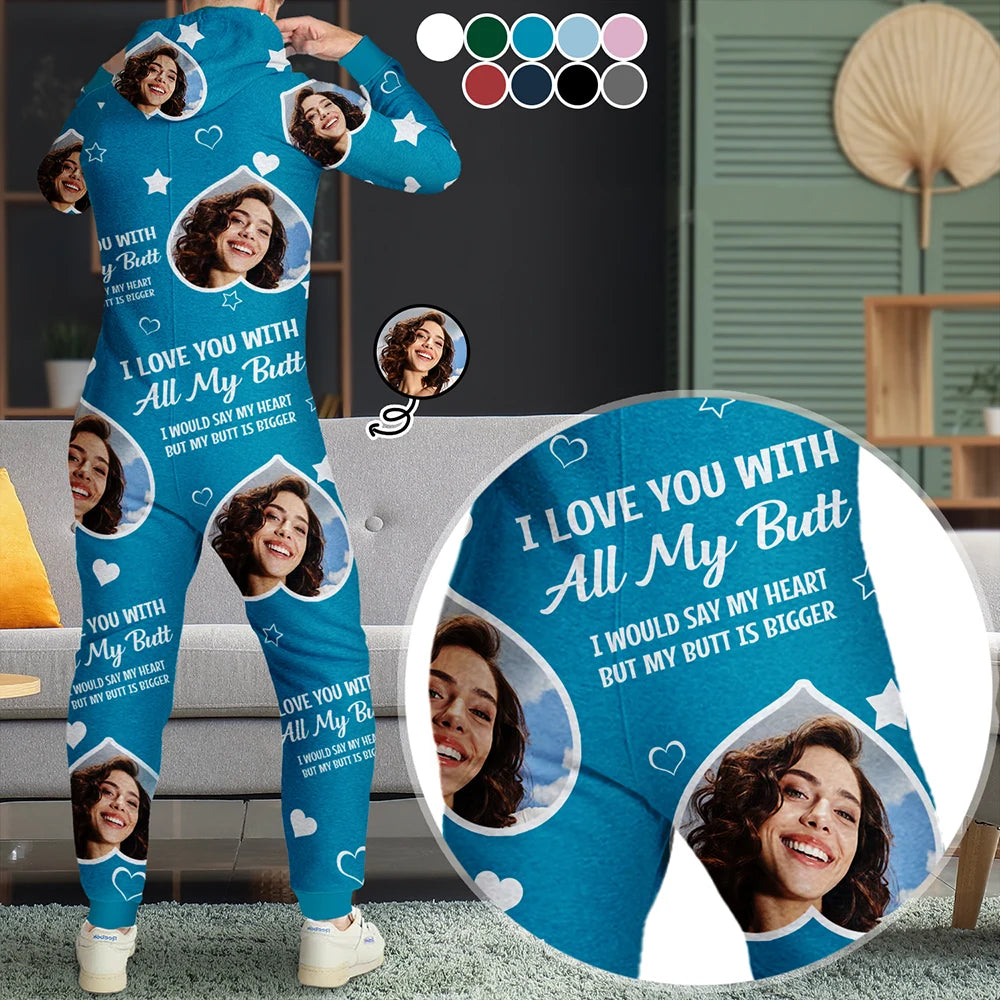 Gift For Couples,Funny - Custom Photo Funny I Love You With All My Heart - Personalized Overall Onesie Hooded Jumpsuit