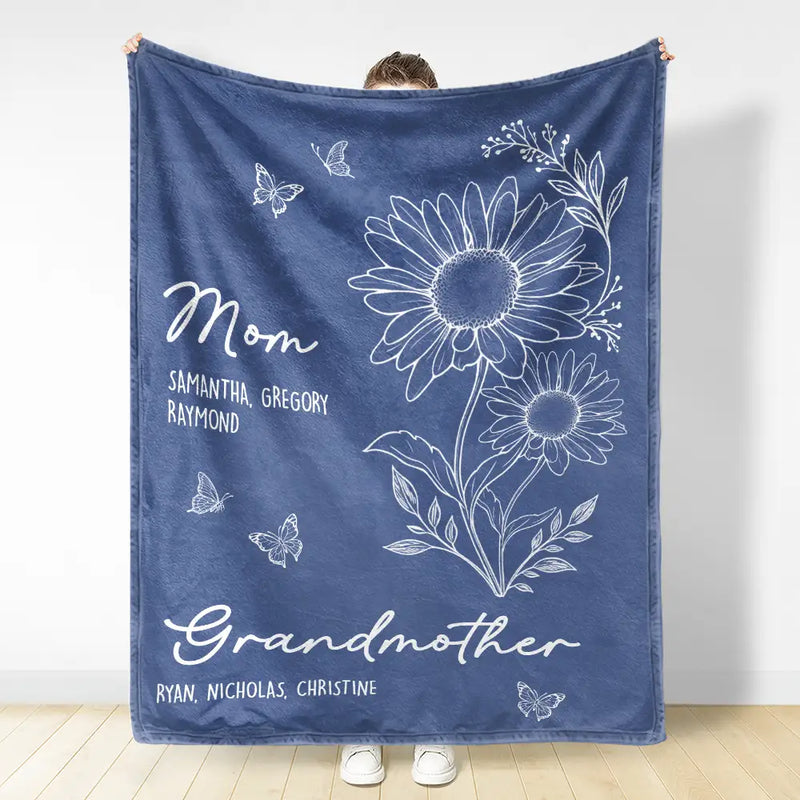 Gift For Mother,Gift For Grandma,Love,Happy - Mom Grandma Great Grandma Birth Flower - Personalized Fleece Blanket, Sherpa Blanket
