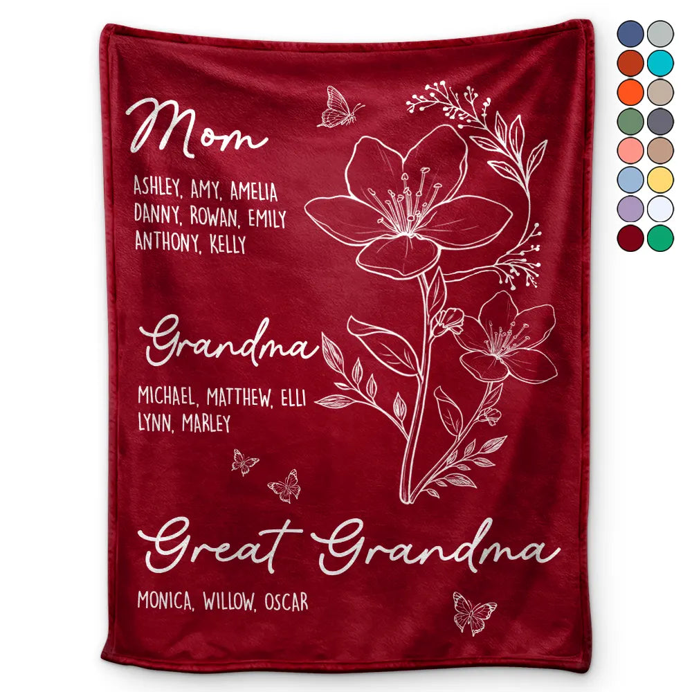 Mom Grandma Great Grandma Birth Flower - Personalized Fleece Blanket, Sherpa Blanket