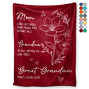 Gift For Mother,Gift For Grandma,Love,Happy - Mom Grandma Great Grandma Birth Flower - Personalized Fleece Blanket, Sherpa Blanket