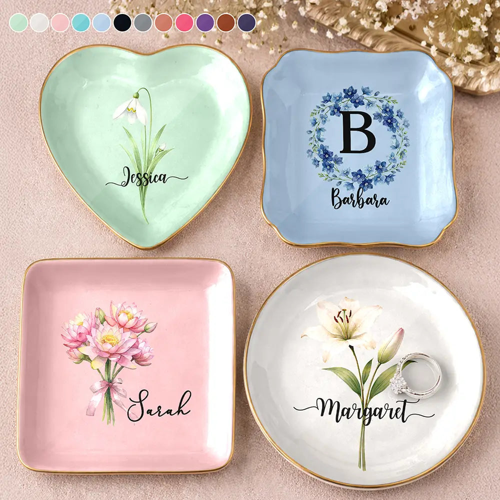 Watercolor Birth Flower Mother Daughter Sister Custom Name - Personalized Ring Dish