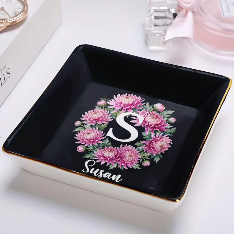Gift For Women,Gift For Mother,Gift For Grandma,Gift For Wife,Gift For Daughter,Happy - Watercolor Birth Flower Mother Daughter Sister Custom Name - Personalized Ring Dish