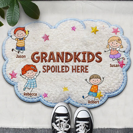 Faux Embroidery Effect Stick Figures Spoiled Grandkids Live Here - Personalized Custom Shaped Doormat