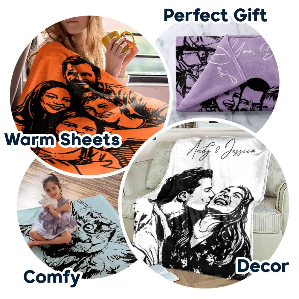 Family,Gift For Bestie,Dog Lovers,Cat Lovers,Happy,Custom Photo,Gift For Mother,Gift For Father - Custom Photo Pencil Sketch Family Dog Cat Portrait - Personalized Fleece Blanket, Sherpa Blanket