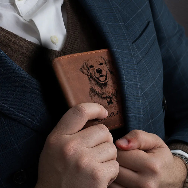 Family,Gift For Bestie,Dog Lovers,Cat Lovers,Happy,Custom Photo,Gift For Mother,Gift For Father - Custom Photo Pencil Sketch Family Dog Cat Portrait - Personalized Engraved Leather Wallet