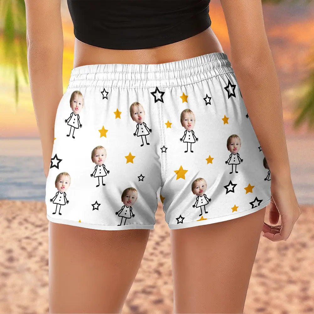 Gift For Grandma,Gift For Mother,Love,Stick Figure,Non-Eng,Photo,Icon - Custom Photo This Grandma Mom Belongs To Kids Pet - Personalized Women Beach Shorts