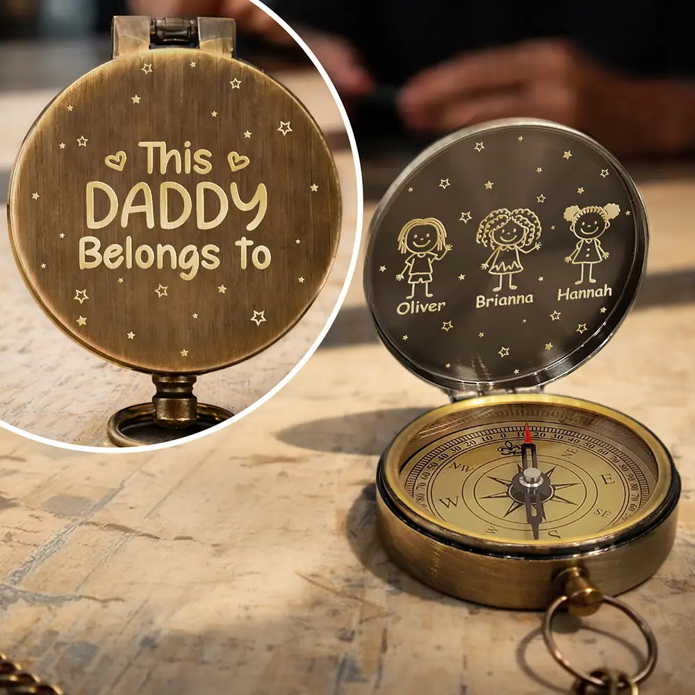 This Grandpa Dad Belongs To Kids Pet Stick Figures - Personalized Engraved Brass Compass