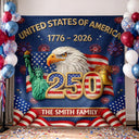 Independence Day,America 250th,Family,Proud - Faux Embroidery Effect America 250th Anniversary Family Name - Personalized Backdrop