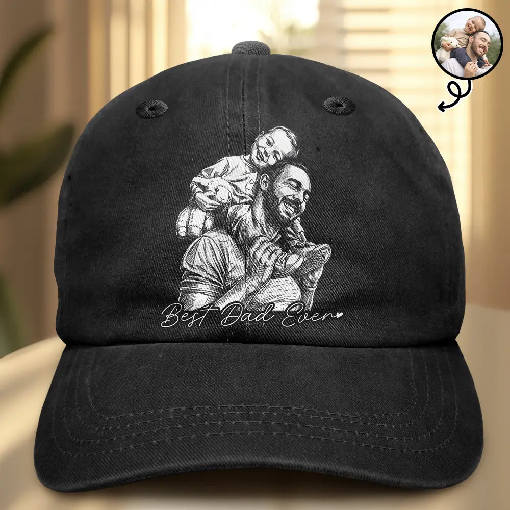 Custom Photo White Pencil Sketch Art Family Dog Cat Portrait - Personalized Vintage Washed Denim Cap