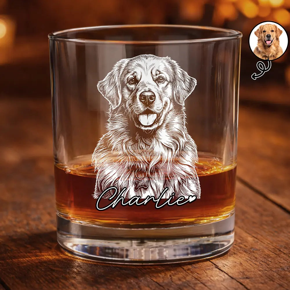 Gift For Father,Gift For Grandpa,Pet Lovers,Pet Mom,Pet Dad,Dog Lovers,Dog Mom,Dog Dad,Cat Lovers,Cat Mom,Cat Dad,Non-Eng,Photo - Pencil Sketch (Dark BG),Humorous - Custom Photo White Pencil Sketch Art Family Dog Cat Portrait - Personalized Whiskey Glass