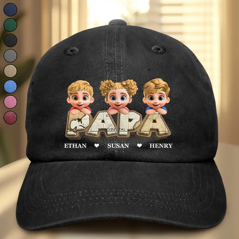 Gift For Grandpa,Grandpa - Grandkids,Gift For Father,Dad - Children,Non-Eng,Vector,Adorable - Vintage Map Grandpa Papa Dad 3D Effect Kids - Personalized Vintage Washed Denim Cap