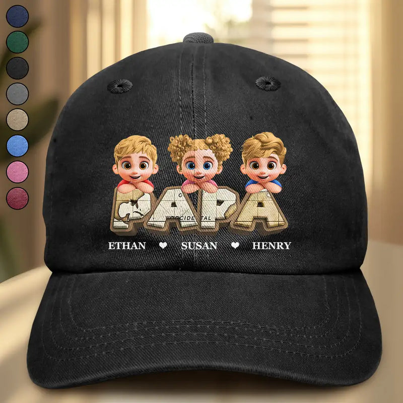 Gift For Grandpa,Grandpa - Grandkids,Gift For Father,Dad - Children,Non-Eng,Vector,Adorable - Vintage Map Grandpa Papa Dad 3D Effect Kids - Personalized Vintage Washed Denim Cap