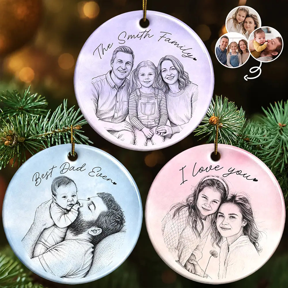 Custom Photo Pencil Sketch Lovely Family Portrait - Personalized Circle Ceramic Ornament