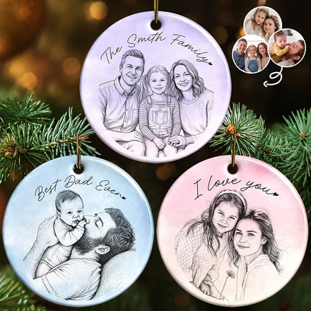 Custom Photo Pencil Sketch Lovely Family Portrait - Personalized Circle Ceramic Ornament