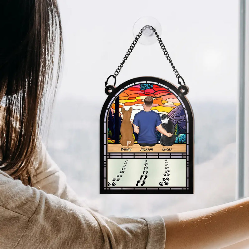 Walking Dog Dad - Personalized Window Hanging Suncatcher Ornament
