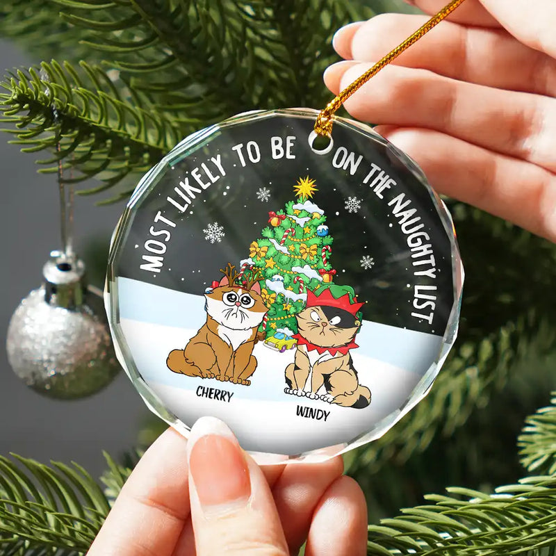 Christmas Funny Cartoon Cats On The Naughty List - Personalized Circle Glass Ornament