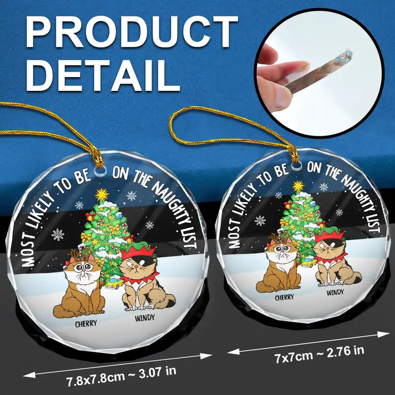 Christmas Funny Cartoon Cats On The Naughty List - Personalized Circle Glass Ornament
