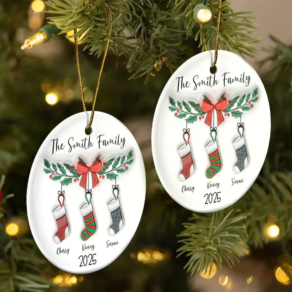 Family Stocking - 3D Inflated Effect Printed Ornament, Personalized Circle Ceramic Ornament