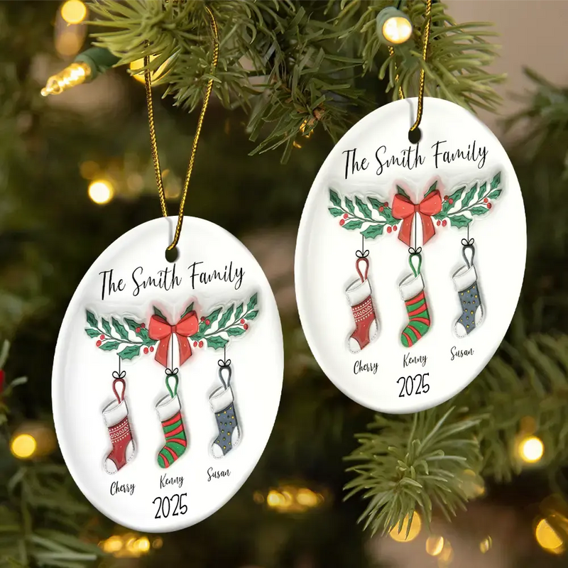 Family Stocking - 3D Inflated Effect Printed Ornament, Personalized Circle Ceramic Ornament