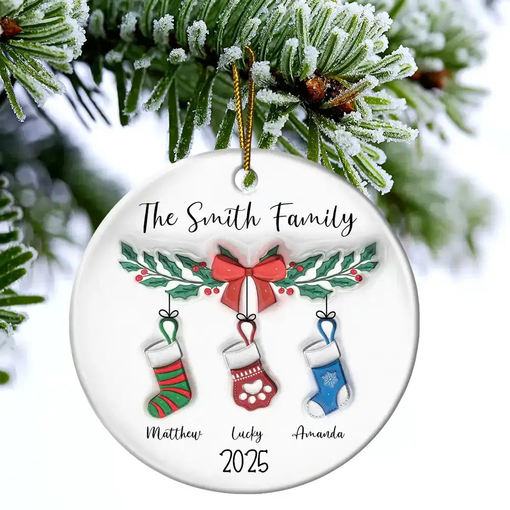 Family Stocking - 3D Inflated Effect Printed Ornament, Personalized Circle Ceramic Ornament