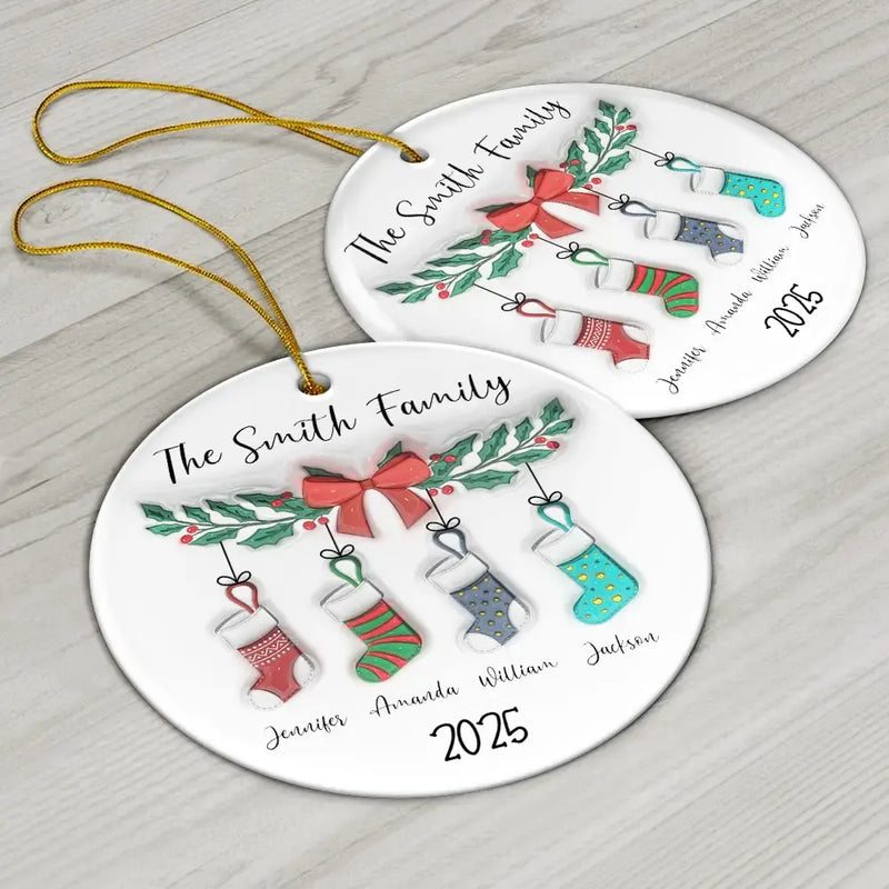 Family Stocking - 3D Inflated Effect Printed Ornament, Personalized Circle Ceramic Ornament
