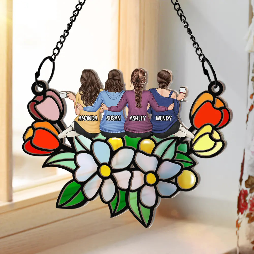 Besties In Tulip Flowers - Personalized Window Hanging Suncatcher Ornament