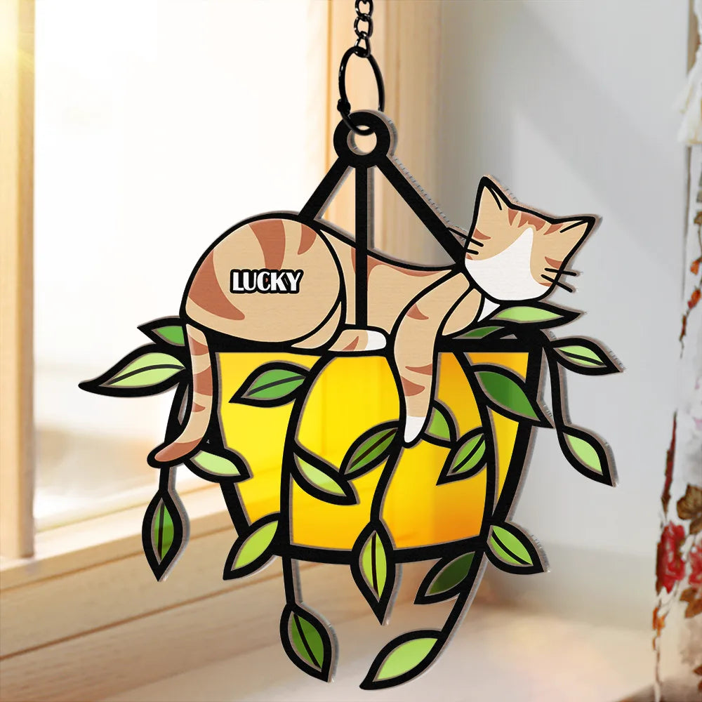 Sleeping Cat On Plant Pot - Personalized Window Hanging Suncatcher Ornament