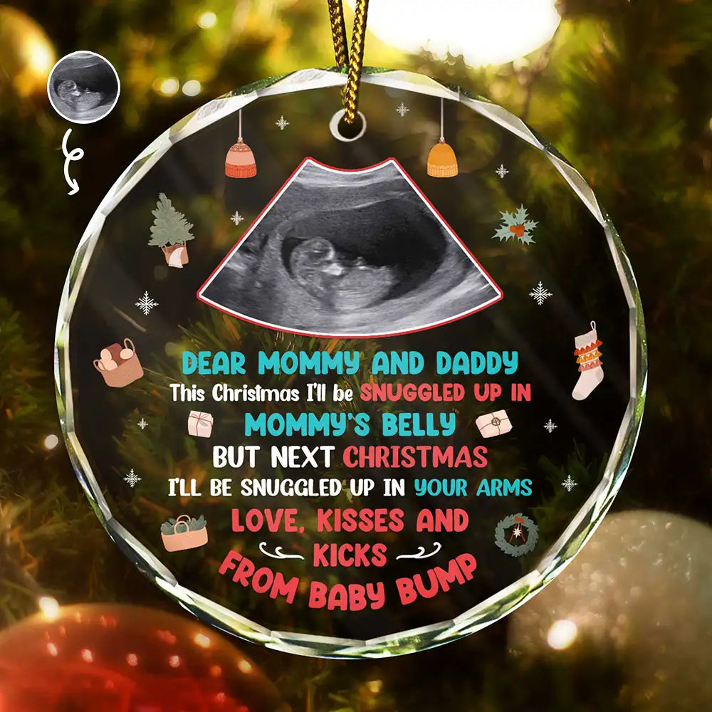 Custom Photo Snuggle Up In Mommy's Belly Christmas - Personalized Circle Glass Ornament