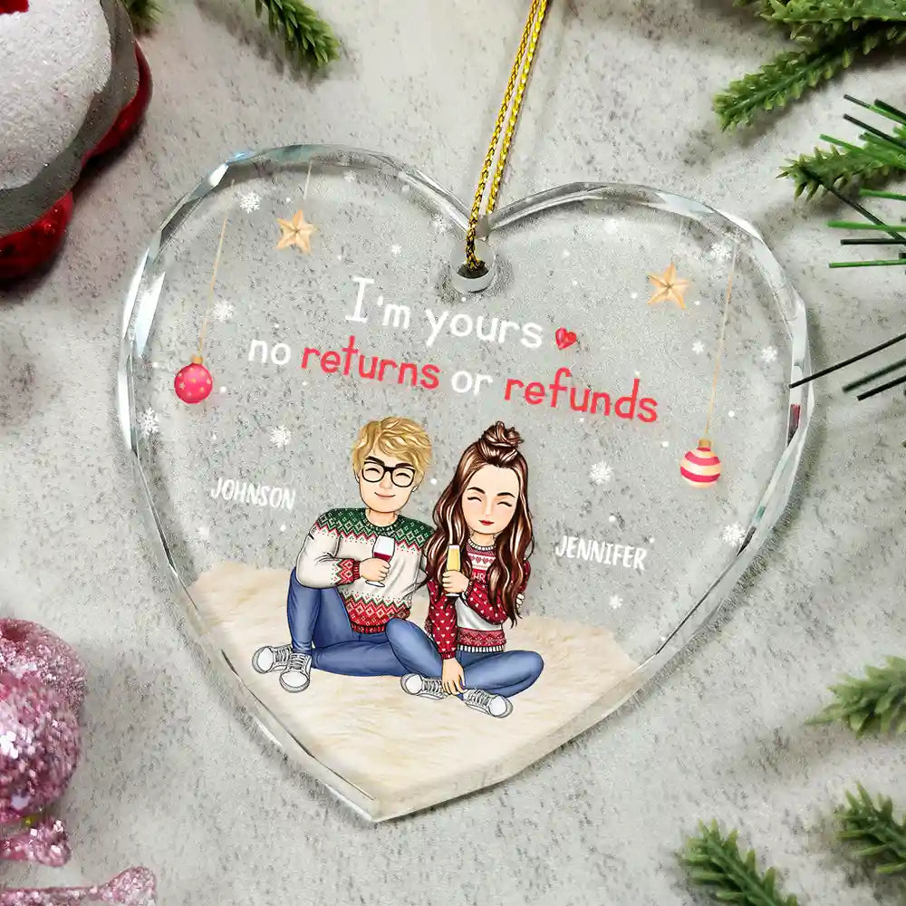 Gift For Couples, Gift For Husband, Gift For Wife, Gift For Boyfriend, Gift For Girlfriend - I'm Yours No Returns Or Refunds Cartoon - Personalized Glass Ornament