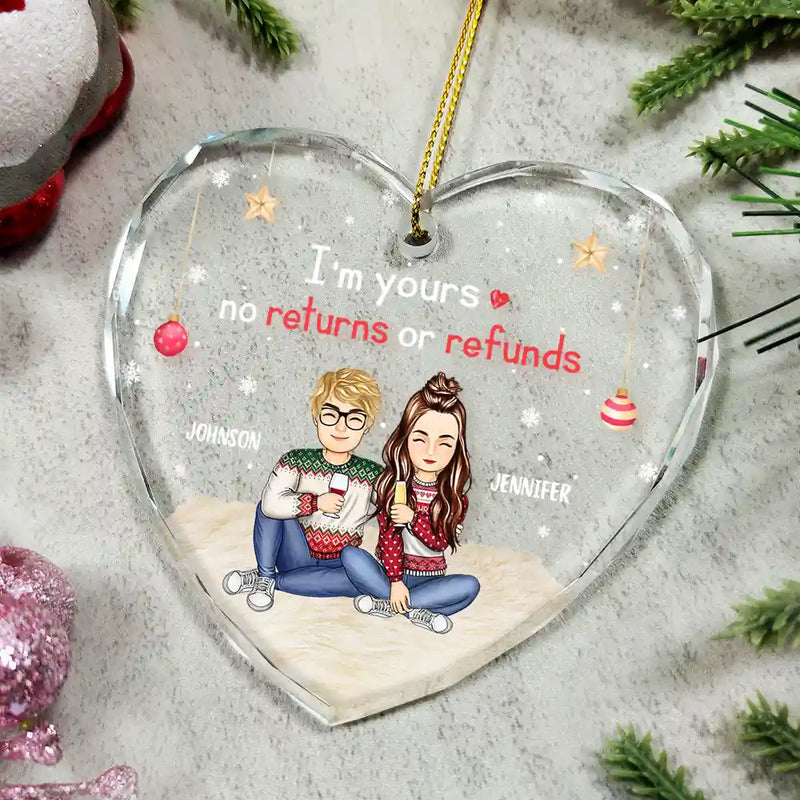 Gift For Couples, Gift For Husband, Gift For Wife, Gift For Boyfriend, Gift For Girlfriend - I'm Yours No Returns Or Refunds Cartoon - Personalized Glass Ornament
