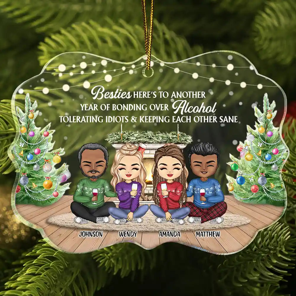 Here's To Another Year Of Bonding Over Alcohol Christmas Best Friends Chibi - Personalized Medallion Acrylic Ornament