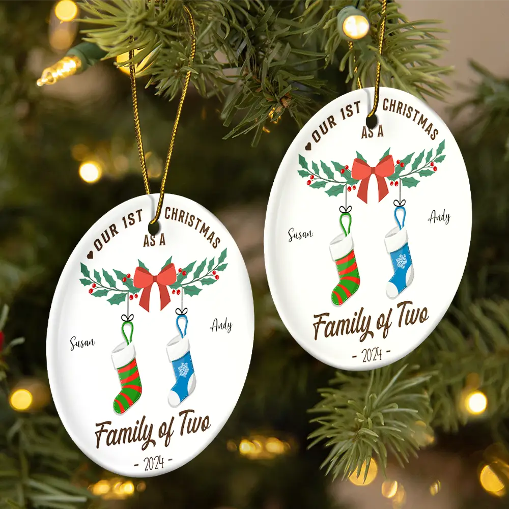 Family - First Christmas As A Family Of Four Stocking - Personalized Circle Ceramic Ornament