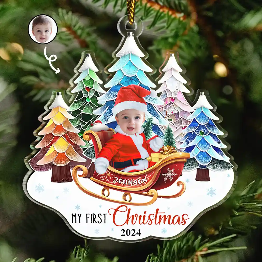 Custom Photo Baby In Sleigh First Christmas - Personalized Custom Shaped Acrylic Ornament