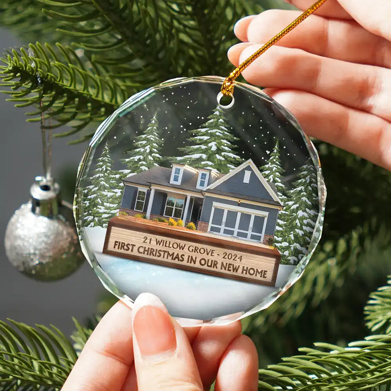 Christmas,Custom Photo,Happy,Family - Custom Photo First Christmas In Our New House - Personalized Cirlce Glass Ornament