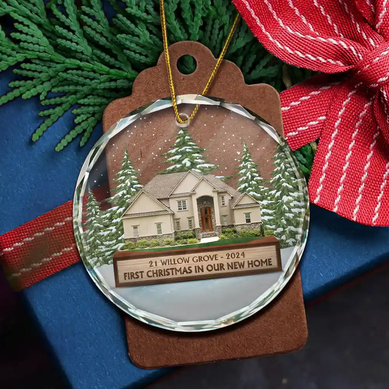 Christmas,Custom Photo,Happy,Family - Custom Photo First Christmas In Our New House - Personalized Cirlce Glass Ornament