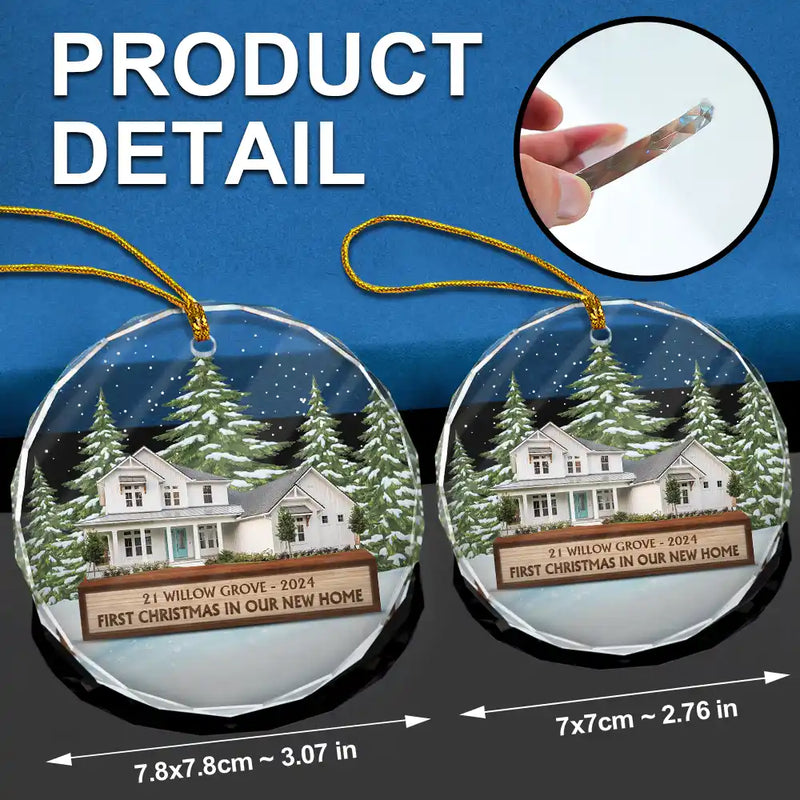 Christmas,Custom Photo,Happy,Family - Custom Photo First Christmas In Our New House - Personalized Cirlce Glass Ornament