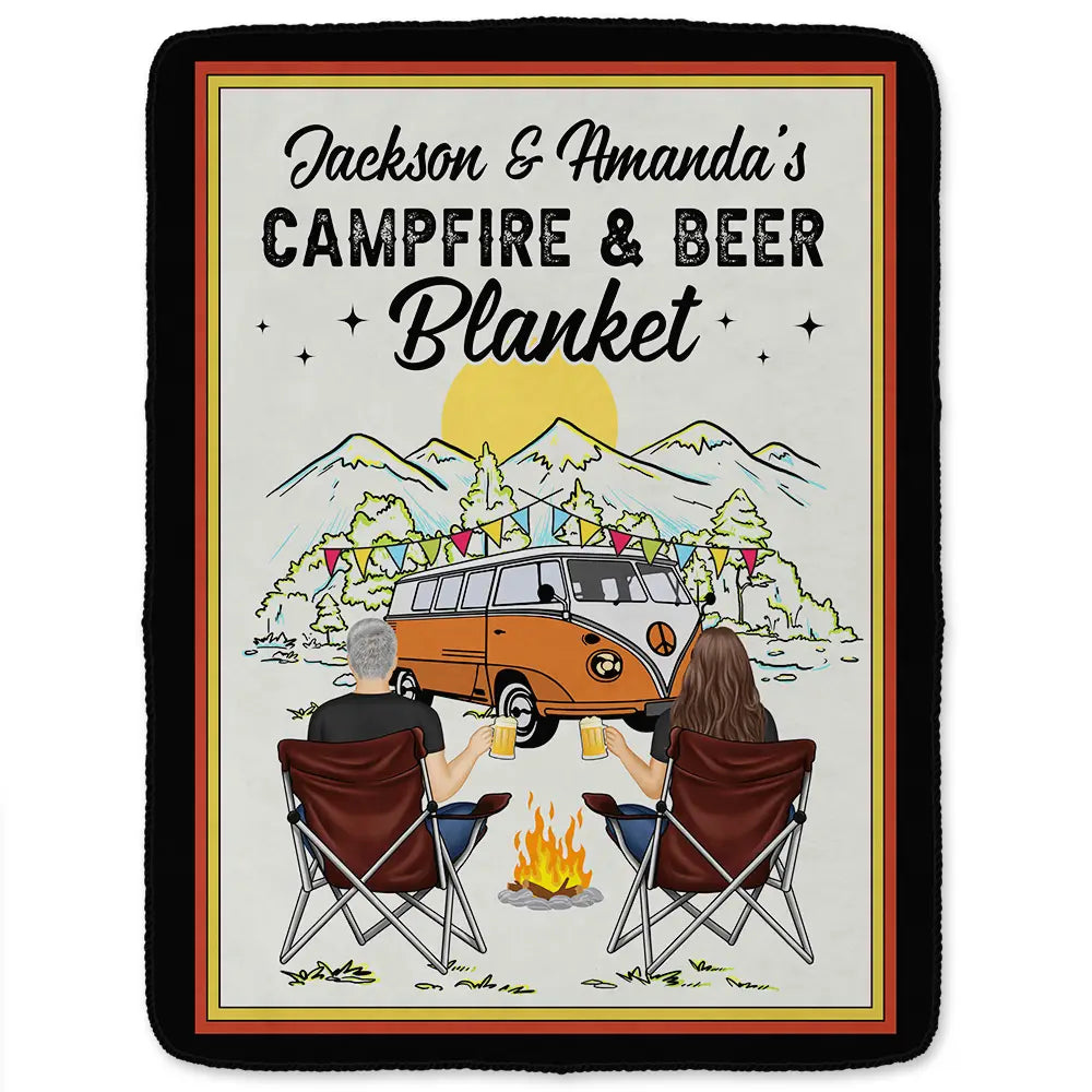 Gift For Couples, Gift For Husband, Gift For Wife, Gift For Boyfriend, Gift For Girlfriend - Campfire & Coffee Blanket Camping - Personalized Fleece Blanket, Sherpa Blanket