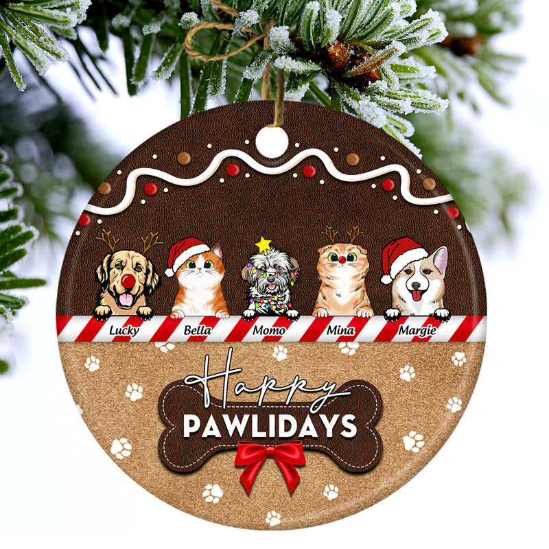 Dog & Cat Lovers Happy Pawlidays - Christmas Gift For Pet Lovers - Personalized Custom Circle Ceramic Ornament