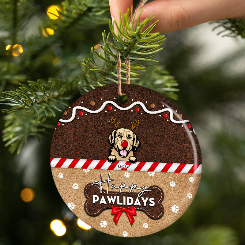 Dog & Cat Lovers Happy Pawlidays - Christmas Gift For Pet Lovers - Personalized Custom Circle Ceramic Ornament