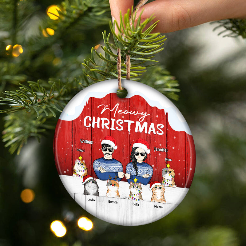 Meowy Christmas Cat Couple - Christmas Gift For Couples - Personalized Custom Circle Ceramic Ornament