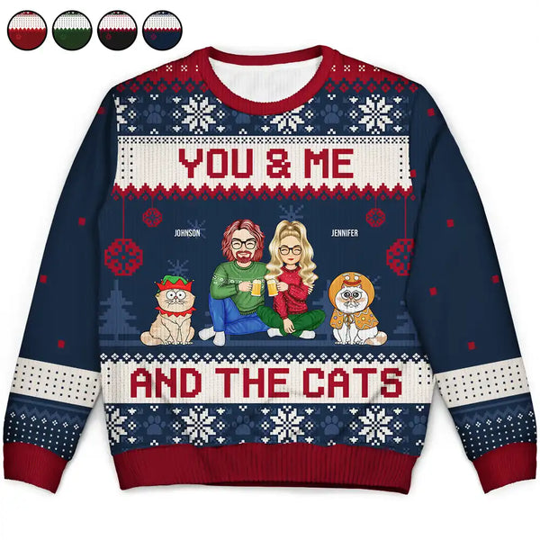Couple You & Me And The Cats Cartoon Style - Anniversary, Christmas Gift For Cat Lovers, Couples - Personalized Unisex Ugly Sweater