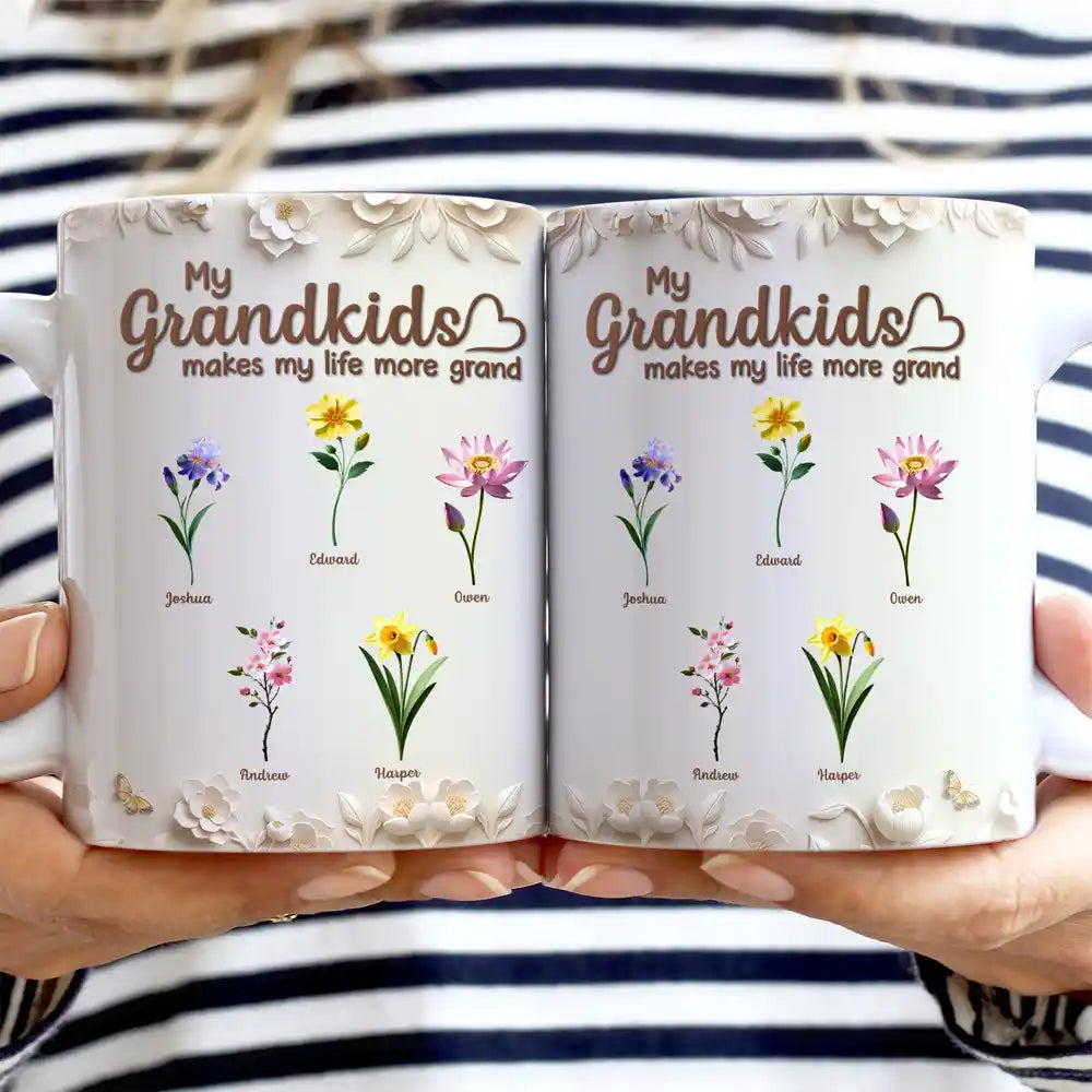 Gift For Mother,Gift For Grandma,Love - My Grandkids Make My Life Grandma 3D Pottery Effect Birth Flower - Personalized White Edge-to-Edge Mug